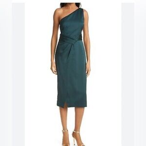 Ted Baker London | Zaaraa One Shoulder Midi Dress DARK GREEN| UK S 1 | US Sz 4